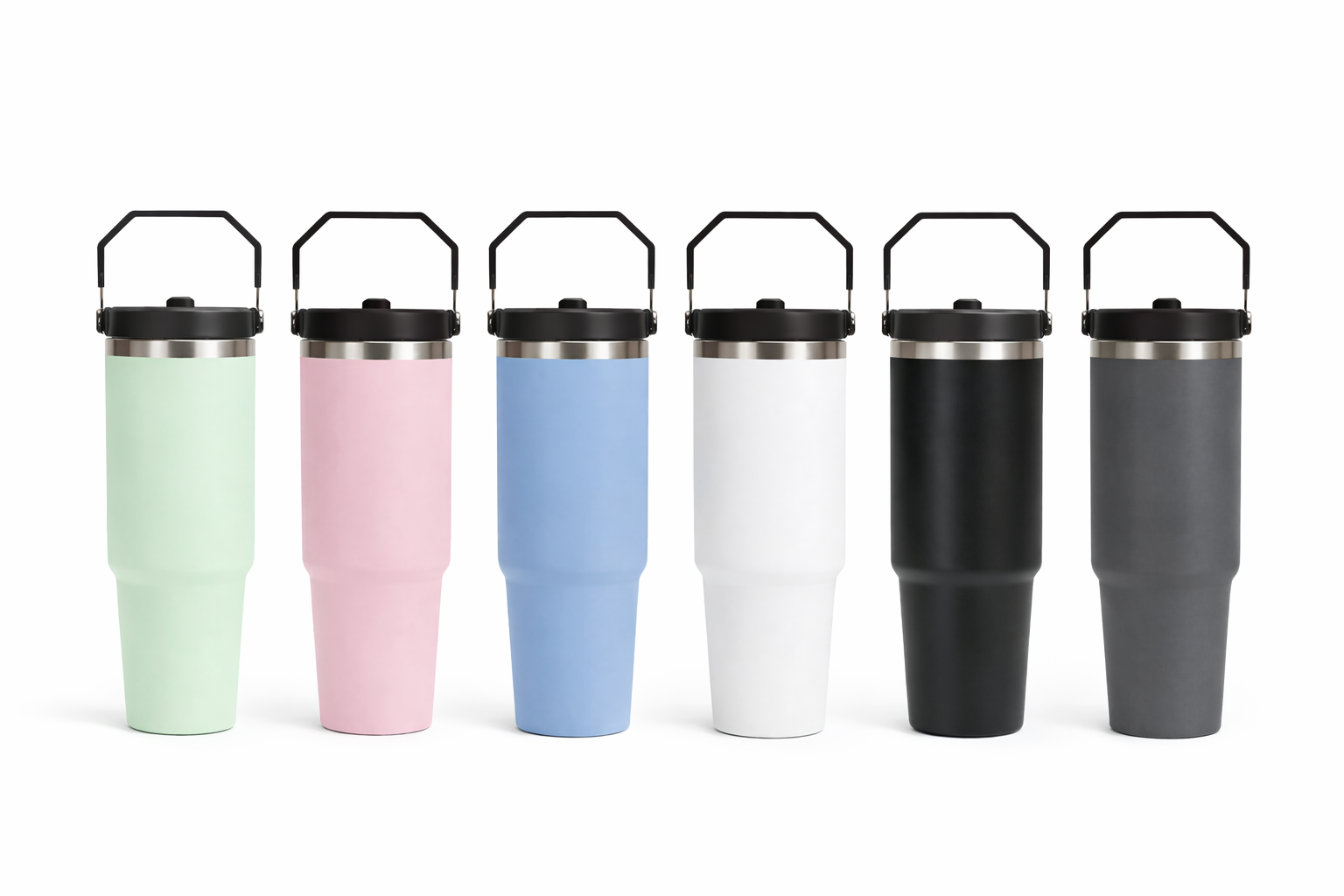 30 oz stainless steel tumbler with handle lid in assorted colours – insulated travel cup in green, pink, blue, white, black and grey