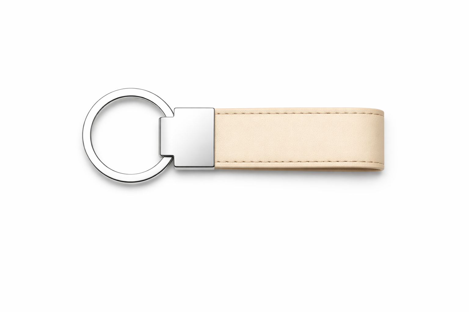 Beige leather keychain with a stainless steel holder and keyring