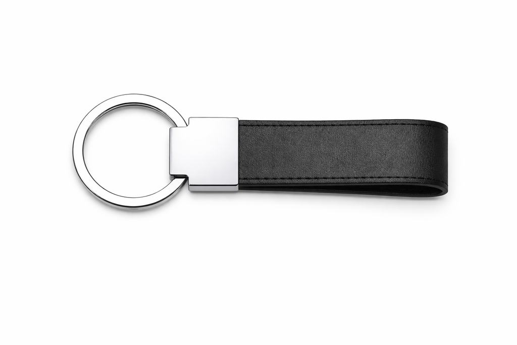 Black PU leather keychain with a stainless steel holder and keyring
