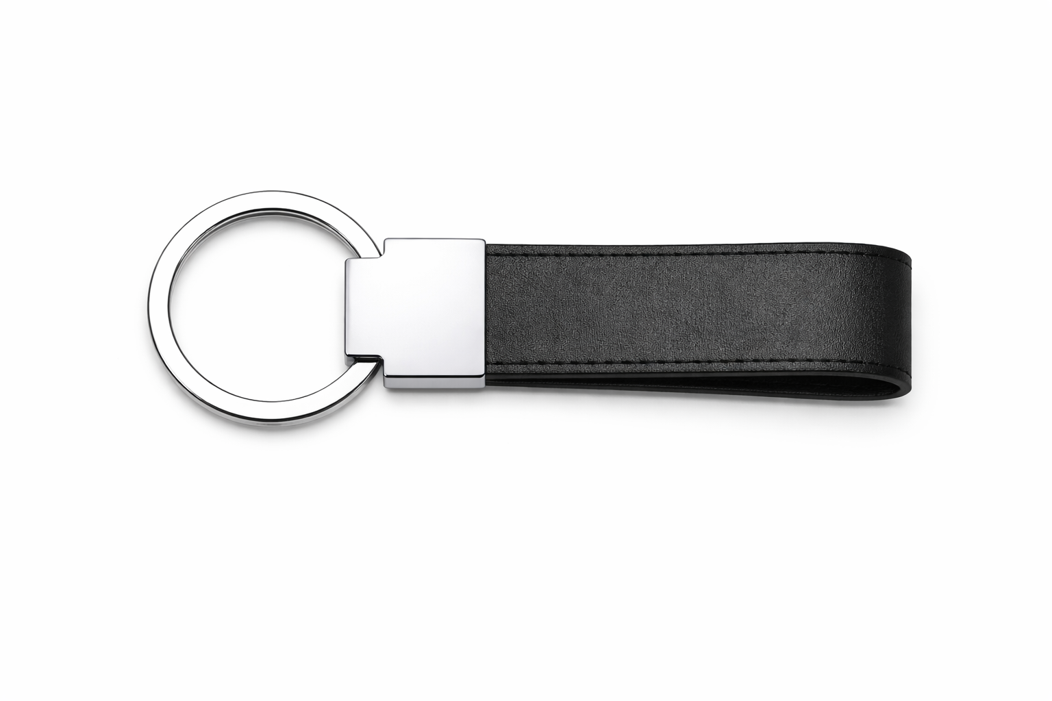 Black PU leather keychain with a stainless steel holder and keyring