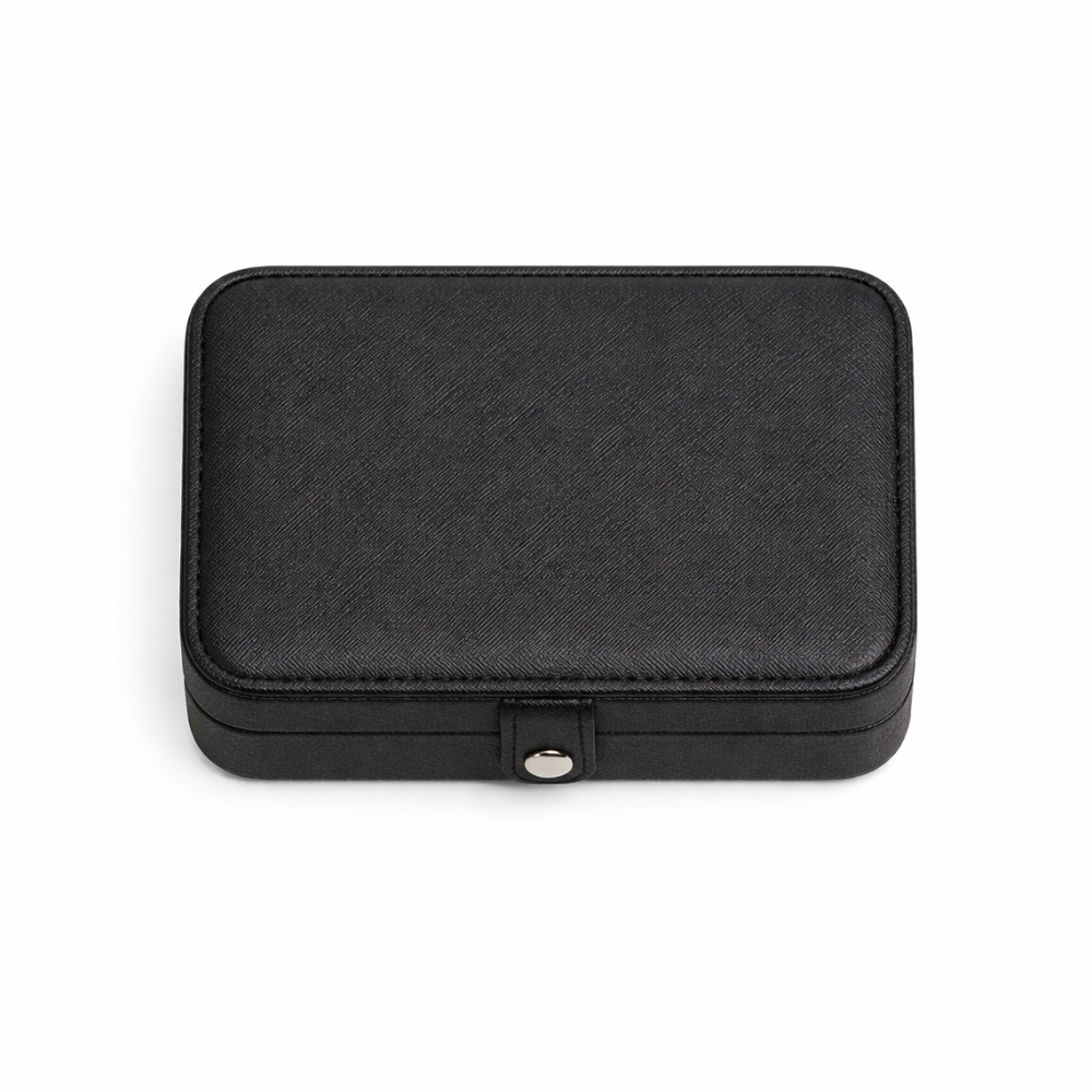 Black jewellery box with a silver clasp on a white background