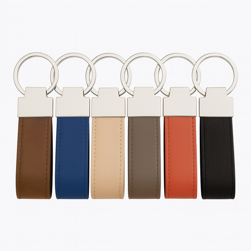 Set of six leather keychains with metal rings in various colors on a white background