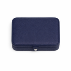 Navy blue jewellery box with a silver clasp on a white background