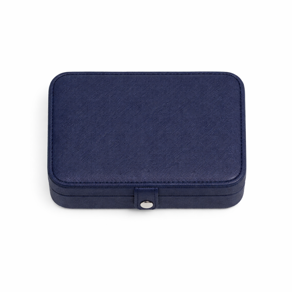 Navy blue jewellery box with a silver clasp on a white background
