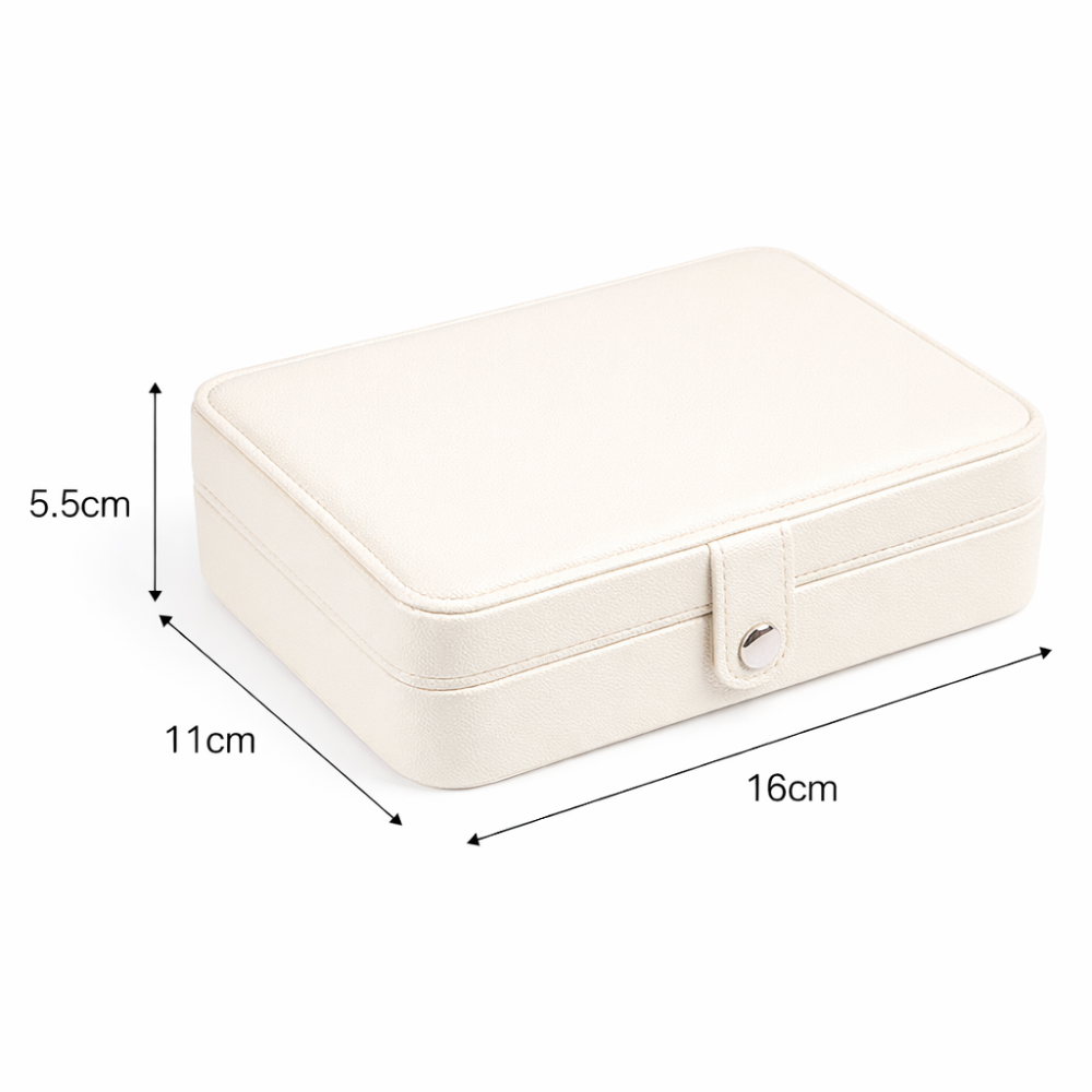 White jewellery box with dimensions indicated on a white background
