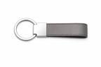 Grey PU leather keychain with a stainless steel holder and keyring