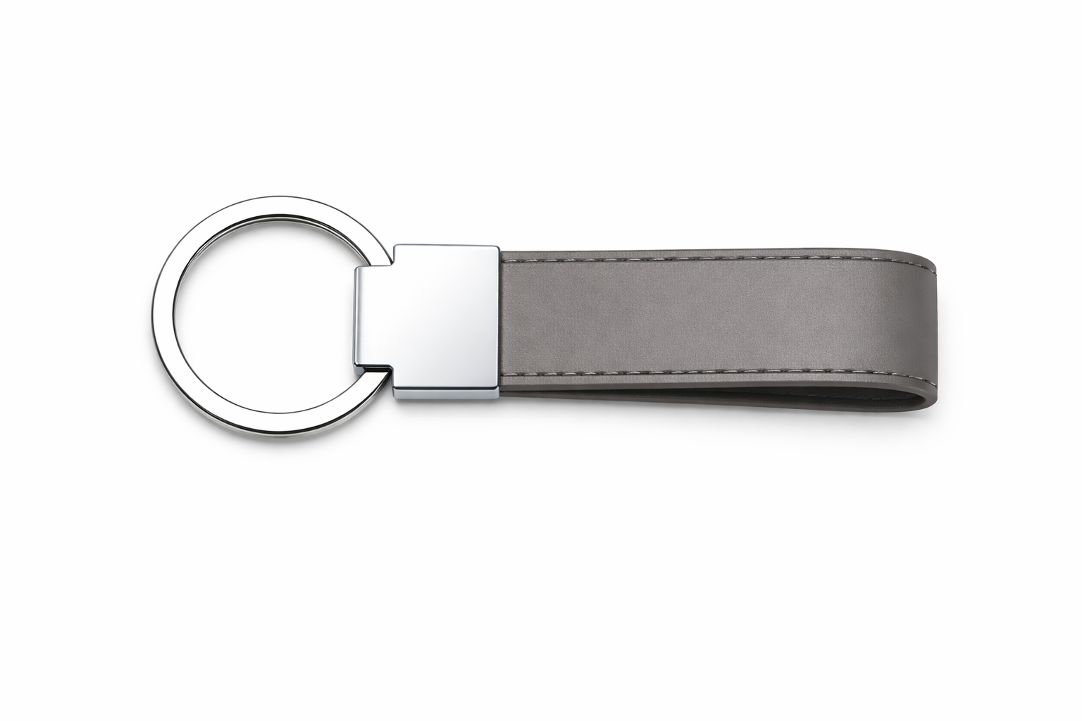 Grey PU leather keychain with a stainless steel holder and keyring