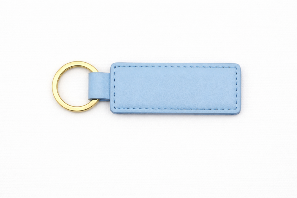 Customisable pastel blue PU leather keychain