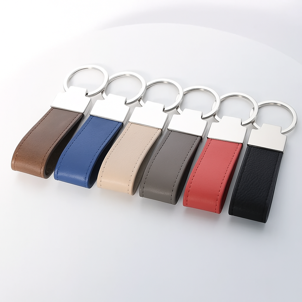 Set of six leather keychains in different colors on a light gray background