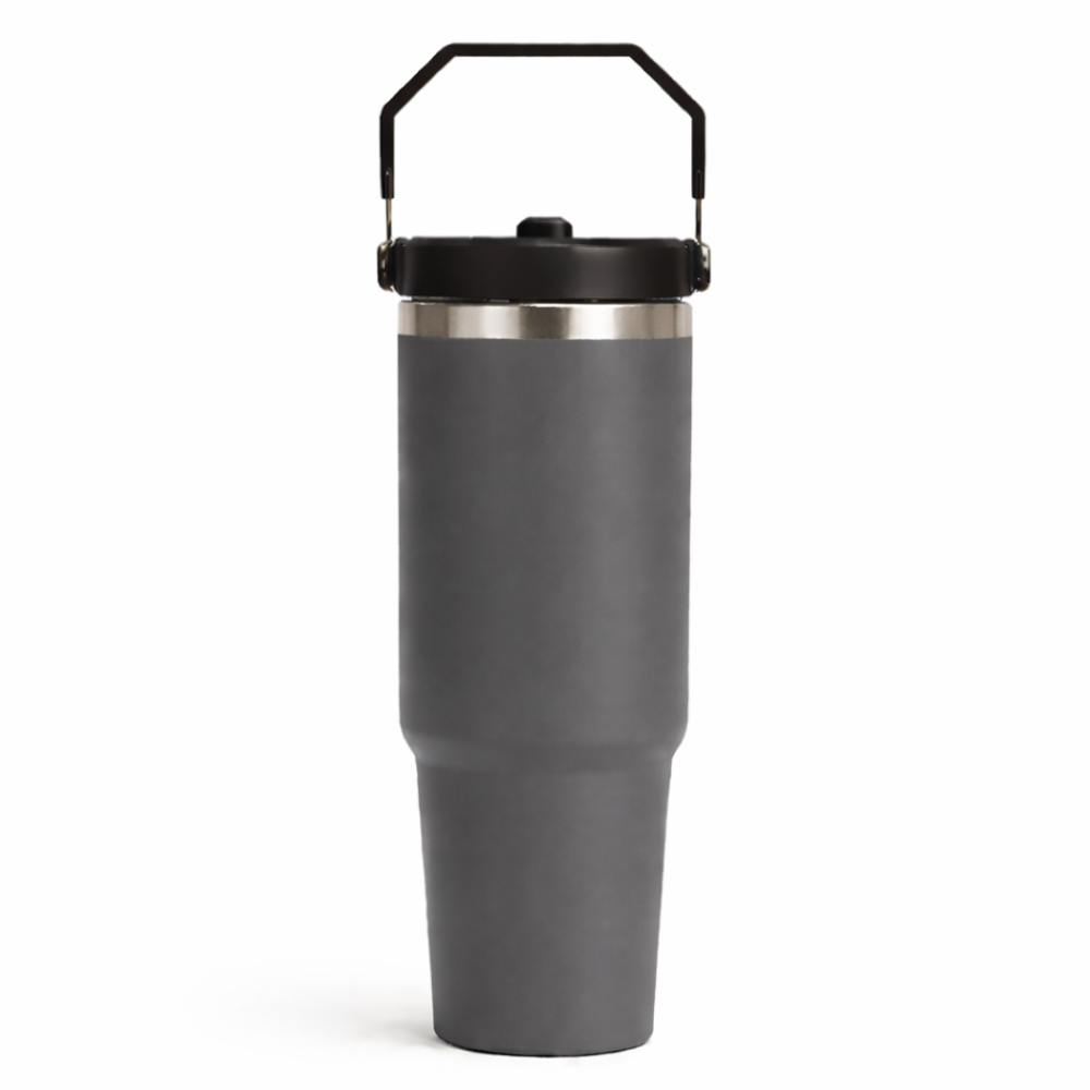 30 oz Grey stainless steel tumbler with handle lid – insulated travel mug for hot and cold drinks