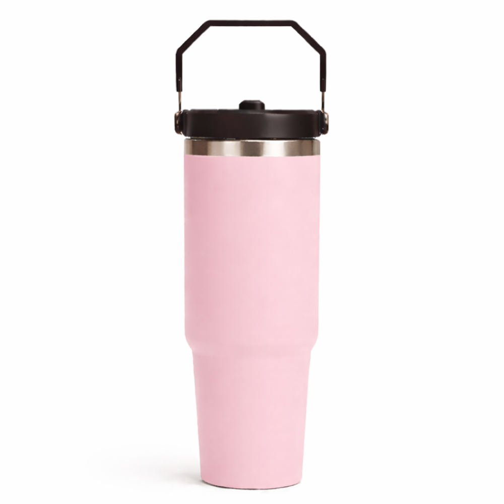 30 oz pastel pink stainless steel tumbler with handle lid – insulated travel mug for hot and cold drinks