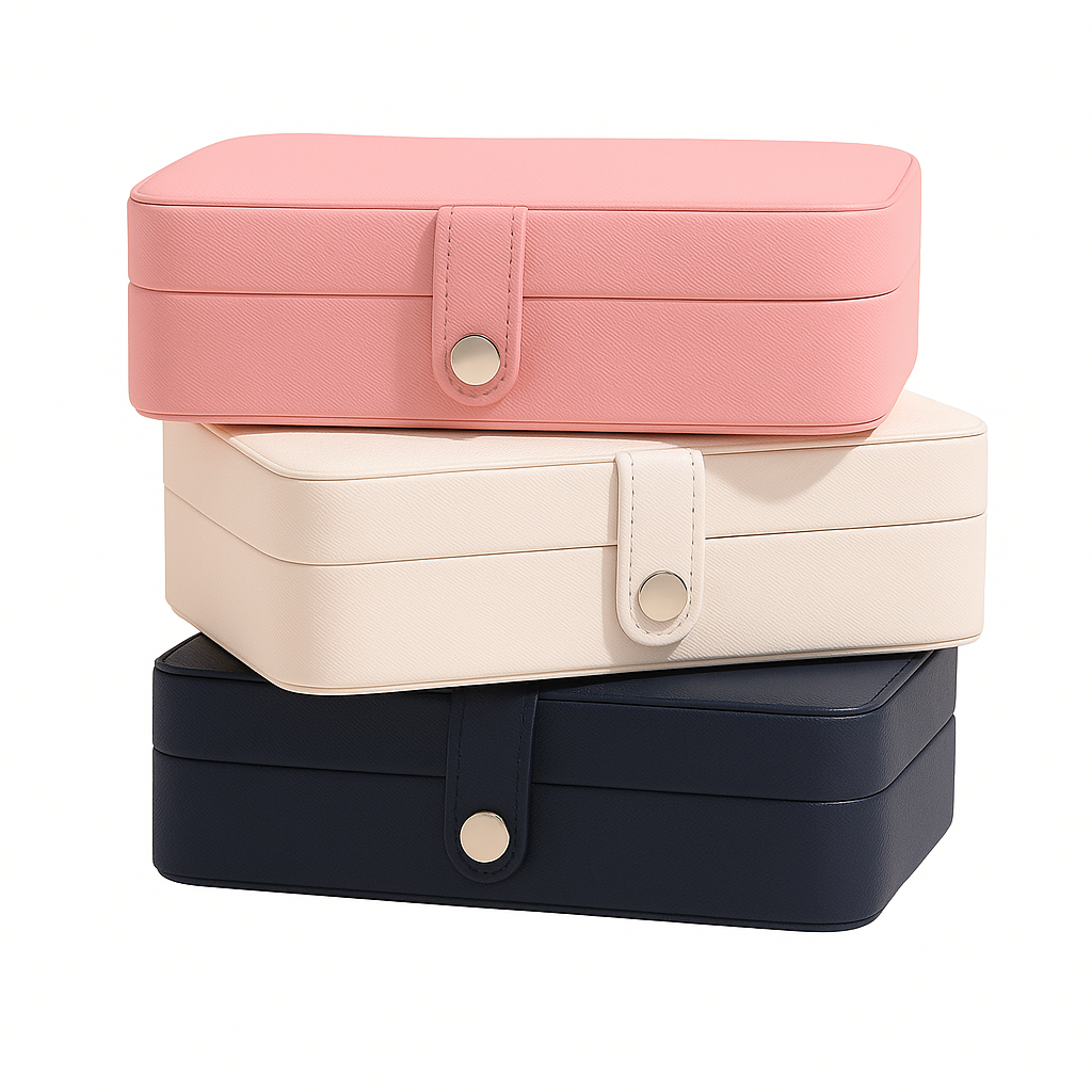 Stack of three rectangular boxes in pink, beige, and navy on a white background