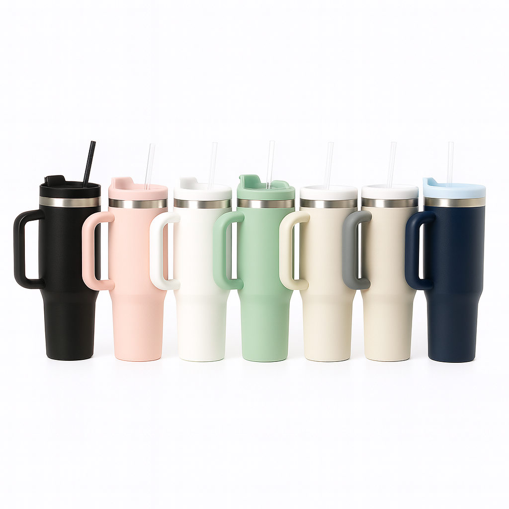 insulated stainless steel tumblers with handles and straws in assorted matte colours — customisable travel mugs for hot and cold drinks, ideal for gifting or everyday use.