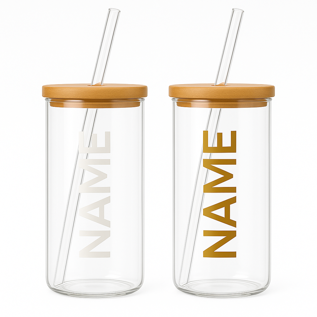 Personalised glass cup with bamboo lid and straw – custom name tumbler in white, black, gold, rose gold, any colour lettering